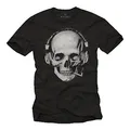 MAKAYA Totenkopf T-Shirt mit Kopfhörer - Skull Rock Band Musik Shirt für Herren Schwarz L