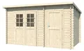 WOODTEX Naturbelassen Gartenhaus Blockbohlenhaus Aster 2 B Zweiraumhaus, Pultdach 28 mm Blockbohlen Fichtenholz, Gerätehaus mit Trennwand, Doppelflügeltür mit Glas, Profilzylinderschloss, Montageanleitung