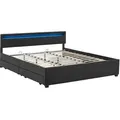 Juskys Polsterbett Lyon 180 x 200 cm schwarz – Bettgestell mit Lattenrost, Bettkasten & LED Beleuchtung – Kunstleder & Holz – Bett Doppelbett - Schwarz