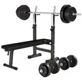 GORILLA SPORTS® Hantelbank - inkl. Hantelset 38/70/100kg, Ablage, Dip-Station, Höhenverstellbar, Klappbar, bis 200kg, Schwarz/Weiß - Trainingsbank mit Langhantelset, Drückerbank, Schrägbank, Flachbank