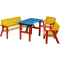 dobar® 94370FSC Kinder Outdoor Sitzgruppe 4 Plätze | 1 Bank, 2 Stühle, 1 Tisch | Picknickgarnitur für Kinder | Kindersitzgruppe Massivholz für Garten/Terrasse | Wetterfest Kindersitzgarnitur | Bunt, Mittel
