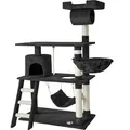 tectake® Kratzbaum Marcel 141 cm inklusive Treppe, Spielkordel und Kippschutz - Schwarz