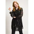 Ulla Popken Hemdbluse Longbluse Chiffon Metallic-Federn Hemdkragen schwarz 58/60