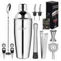 Sosayet Cocktail Shaker Set, 10-teiliges Edelstahl Cocktail Set mit Zubehör & Rezeptkarten, 750 mL Barkeeper Set für Anfänger & Profis - Geschenk für Männer