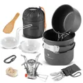 STAHLWERK Camping-Kochgeschirr-Set | Aluminium-Campinggeschirr Komplett-Set mit Topf, Pfanne, Gaskocher, Plastikschalen und Besteck | hochwertiges Outdoor-Koch-Set