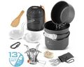 STAHLWERK Gaskocher Camping-Kochgeschirr-Set Aluminium-Campinggeschirr Komplett-Set, (Set, Set), mit Topf, Pfanne, Gaskocher, Plastikschalen und Besteck