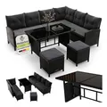 Juskys Gartenlounge Manacor schwarz - Sofa, Tisch, Hocker & Kissen - 8 Personen - Sitzbezüge in Grau