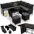 Juskys Polyrattan Lounge Manacor mit Ecksofa, Esstisch, 2 Hocker & Kissen - wetterfest bis 7 Personen - Bezüge waschbar - Rattan Garten Sitzgruppe Gartenlounge Gartenmöbel Set - Schwarz/Grau