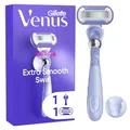 Gillette Venus Extra Smooth Swirl Rasierer Damen, Nassrasierer mit Einem Hauch von Vitamin E — Inkl. 1 Ersatzklingen, Schwenkbares Handstück und Duschhalterung — Lila