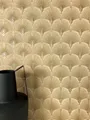 Newroom Vliestapete, Gold Tapete Modern Fächer - Mustertapete Retro Vintage Glamour Ornamente Glänzend für Schlafzimmer Wohnzimmer Küche, Elwin Gold