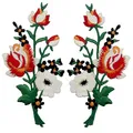 Aufnäher, bestickt, Design: Retro Blumen Strauß Boho Rose, zum Aufbügeln oder Aufnähen, rot-Weiss