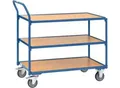 Tischwagen, 3 Ebenen, Stahl/Holz, blau-buche, B 1000 x T 600 mm, bis 300 kg, TPE-Bereifung