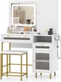 COSTWAY Schminktisch Frisiertisch Kosmetiktisch mit Ladestation, LEDs, Schmuckschrank, Hocker, Spiegel, 3 Schubladen & Haartrocknerhalterung weiß