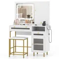 Schminktisch mit LED-Beleuchtung Frisiertisch mit Ladestation, Hocker Gold