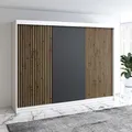 A&J MöbelLand Schwebetürenschrank IOSA Kleiderschrank 3-türig mit 4 Schubladen & 3D Lamellen, Garderobe 200 cm (Weiß/Schwarz/Schwarz/Schwarz)