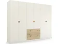 Drehtürenschrank RAUCH Kleiderschrank Schrank Garderobe Ankleide HOMEY BY QUADRA SPIN , weiß (alpinweiß, eiche artisan), B:271cm H:210cm T:54cm, Holzwerkstoff, Schränke, Drehtürenschrank, mit cognacbraunen Ledergrifflaschen, Schubladen in Eichen-Dekor