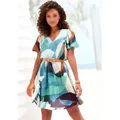 Sommerkleid LASCANA, Damen, Gr. 38, N-Gr, bunt (creme, blau, braun bedruckt), Web, Obermaterial: 100% Viskose, bedruckt, modisch, figurumspielend kniefrei, V-Ausschnitt, Kurzarm Flügelärmel, Kleider, mit luftigen Flügelärmeln, kurzes Strandkleid mit Alloverprint