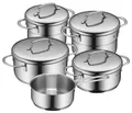 WMF Mini Vorteils Topfset Induktion klein 5-teilig, Kochtopf Set mit Metalldeckel, Cromargan Edelstahl, Töpfe Set stapelbar ideal für kleine Portionen
