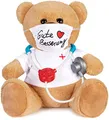BRUBAKER Teddy Plüschbär mit Mundschutz und Stethoskop - Gute Besserung - 35 cm - Teddybär mit Arzt Shirt Weiß - Plüschteddy Kuscheltier Schmusetier - Braun Hellbraun