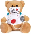 BRUBAKER Kuscheltier Teddy mit Mundschutz und Stethoskop - Gute Besserung - Teddybär 35 cm (Braun Hellbraun, 1-St., Geschenk-Set), Plüschbär mit Arzt Shirt - Plüschteddy Schmusetier