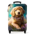 NoBoringSuitcases.com® Koffer Handgepäck Trolley Rollkoffer Kleine Reisekoffer mit 4 Rollen - Welpe - Blumenkranz - Schmetterling - Hund - Golden Retriever - 55x35x20cm - Kabinenkoffer - Boardgepäck