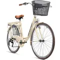 Bergsteiger Paris 28 Zoll Damenfahrrad, ab 160 cm, Korb, Fahrrad-Licht, Shimano 6 Gang-Schaltung, Damen-Citybike, Damenrad im Retro-Design - Beige