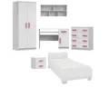 Deine Möbel 24 Jugendzimmer-Set INGE Jugendzimmer Jugendmöbel Kinderzimmer komplett 6-teilig, (Kindermöbel aus Laminatplatte, 6-tlg., Bett, Nachttisch, Schreibtisch, Hängeregal, Kleiderschrank, Kommode), Kinderzimmer Set Weiß Griffe Rosa Blau Grün Grau Weiß Sonoma