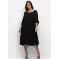 Chiffonkleid SHEEGO "Midikleid", Damen, Gr. 58, Normalgrößen, schwarz, 100% Polyester, unifarben, wadenlang, Rundhals, 3/4-Ärmel, Kleider