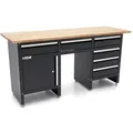 HBM Werkbank 171 cm mit 6 Schubladen und Tür, Arbeitsplatte aus Massivholz, schwarz - Schwarz