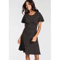 Sommerkleid LAURA SCOTT, Damen, Gr. 46, N-Gr, schwarz (schwarz, rosa), Single Jersey, Obermaterial: 95% Viskose, 5% Elasthan, gepunktet, ausgestellt kurz, Rundhals, Flügelärmel, Kleider Sommerkleid, kurzes Kleid, femininer Look, aus Single-Jerseystoff, halbarm