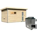 Karibu Saunahaus Skrollan 3 mit Vorraum naturbelassen-9 kW Ofen inkl. Steuergerät-Milchglas-Saunatür (blickdicht)