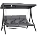 Outsunny Hollywoodschaukel 3-Sitzer, Schaukelbank mit Verstellbarem Sonnendach, Gartenschaukel mit Kissen, bis 270 kg Belastbar, Metall, Texteline, Grau, 200 x 115 x 168 cm