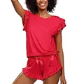 DKaren Damen Schlafanzug Set Lulu M - Zweiteiler Damen Pyjama - Loungewear mit Kurzen Ärmeln und Shorts - Nachtwäsche Damen mit Tasche und Rüschen - Pjama Set Kurz Rot
