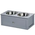PawHut Erhöhter Hundenapf Futternapf mit Schublade Wassernapf 2 x 2000ml Edelstahlnäpfen Fressnapf Futterstation Hundenäpfe für Mittlere Hunde Katzen Grau