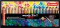 STABILO - Buntstift, Wasserfarbe & Wachsmalkreide - woody 3 in 1 - ARTY - 18er Pack mit Spitzer und Pinsel - mit 18 verschiedenen Farben