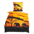 Traumschlaf Mako-Satin Bettwäsche Afrika gelb – warmes Savannenmotiv mit Elefanten bei Sonnenuntergang - aus 100% Baumwolle, glatt & atmungsaktiv - 135x200 cm + 80x80 cm