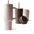 MAMEIDO Thermobecher mit Strohhalm & Henkel 1200 ml, Trinkbecher mit Deckel und Strohhalm aus Edelstahl doppelwandig isoliert, auslaufsicher (Blush Kissed)