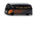 Siku 2363, VW T1 Transporter Custom, 1:50, Spielzeug-Auto, Metall/Kunststoff, Schwarz/Orange, Anhängerkupplung, Aufwendige Bedruckung, Türen zum Öffnen