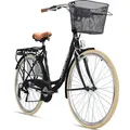 Bergsteiger Paris 26 Zoll Damenfahrrad, ab 140 cm, Korb, Fahrrad-Licht, Shimano 6 Gang-Schaltung, Damen-Citybike, Damenrad im Retro-Design - Schwarz
