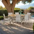 CARO-Möbel Gartenmöbelset Windy mit 1 Tisch und 6 Stühlen aus Alu und Non-Wood in Champagner, Esstisch Set in Holzoptik, Stühle mit Netz witterungsbeständig bespannt