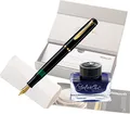 Pelikan Füllhalter Classic 200, Schwarz, Feder F (fein), hochwertiger Kolbenfüller im Geschenk-Etui mit Edelstein Ink Sapphire (blau)