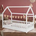 ML-Design Kinderbett 80x160 cm mit Rausfallschutz, Dach und Lattenrost, Weiß, Hausbett aus massivem Kiefernholz, Bodenbett, Holzbett