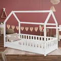 ML-Design Kinderbett 80x160 cm mit Rausfallschutz, Dach und Lattenrost, Weiß, Massivholz Kinder Bett, Hausbett für Mädchen/Jungen, Bettenhaus aus massivem Kiefernholz, Bodenbett Jugendbett Kinderhaus