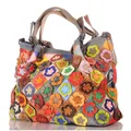 KMISSO Damen Leder Patchwork Handtasche 30681 – Umhängetasche & Henkeltasche mit Blumen-Applikationen, Reißverschluss, Innenfächer & Rückfach, buntes Design, 28 x 24 x 9 cm