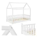 Juskys Kinderbett Marli 80 x 160 cm Rausfallschutz, Lattenrost & Dach Weiß Hausbett Holz