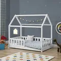 Juskys® Kinderbett Marli 80 x 160 cm mit Rausfallschutz, Lattenrost und Dach - Hausbett für Kinder aus Massivholz - Bett in Weiß