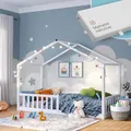 Bellabino Bia Kinderbett 80x160 cm – Hausbett mit Matratze, Rausfallschutz & Lattenrost – Montessori Bodenbett aus Massivholz Kiefer – Kinder Bett in Weiß für Jungen und Mädchen