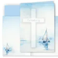 10 Einladungskarten mit Umschlag Einladung Klappkarten Karten stilvoll kreuz und Segelboot Aquarell zart zur Taufe Kommunion Konfirmation Firmung blau Mädchen und Jungen