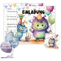 TOBJA Einladungskarten XXL 10 Monster-Einladungskarten mit Stickern, Kindergeburtstag Junge Geburtstag Einladung Kinder bunt|weiß