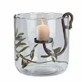 Loberon Windlicht Vermand - für Kerzen - aus Mundgeblasenem Glas - Herausnehmbarer Kerzenhalter aus Eisen in Antikbraun - 26cm x 25cm, klar/antikbraun